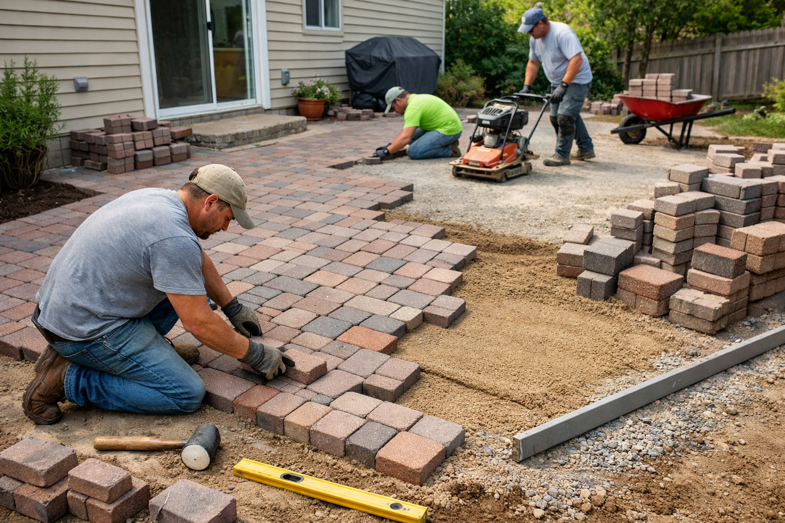A team of hardscape professionals installing brick pavers in the backyard of a residential home.