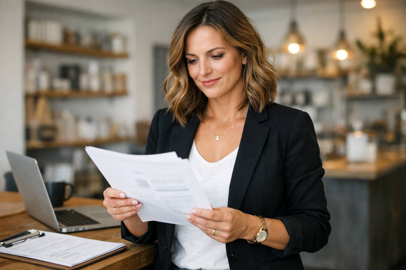 A confident female business owner reviewing paperwork