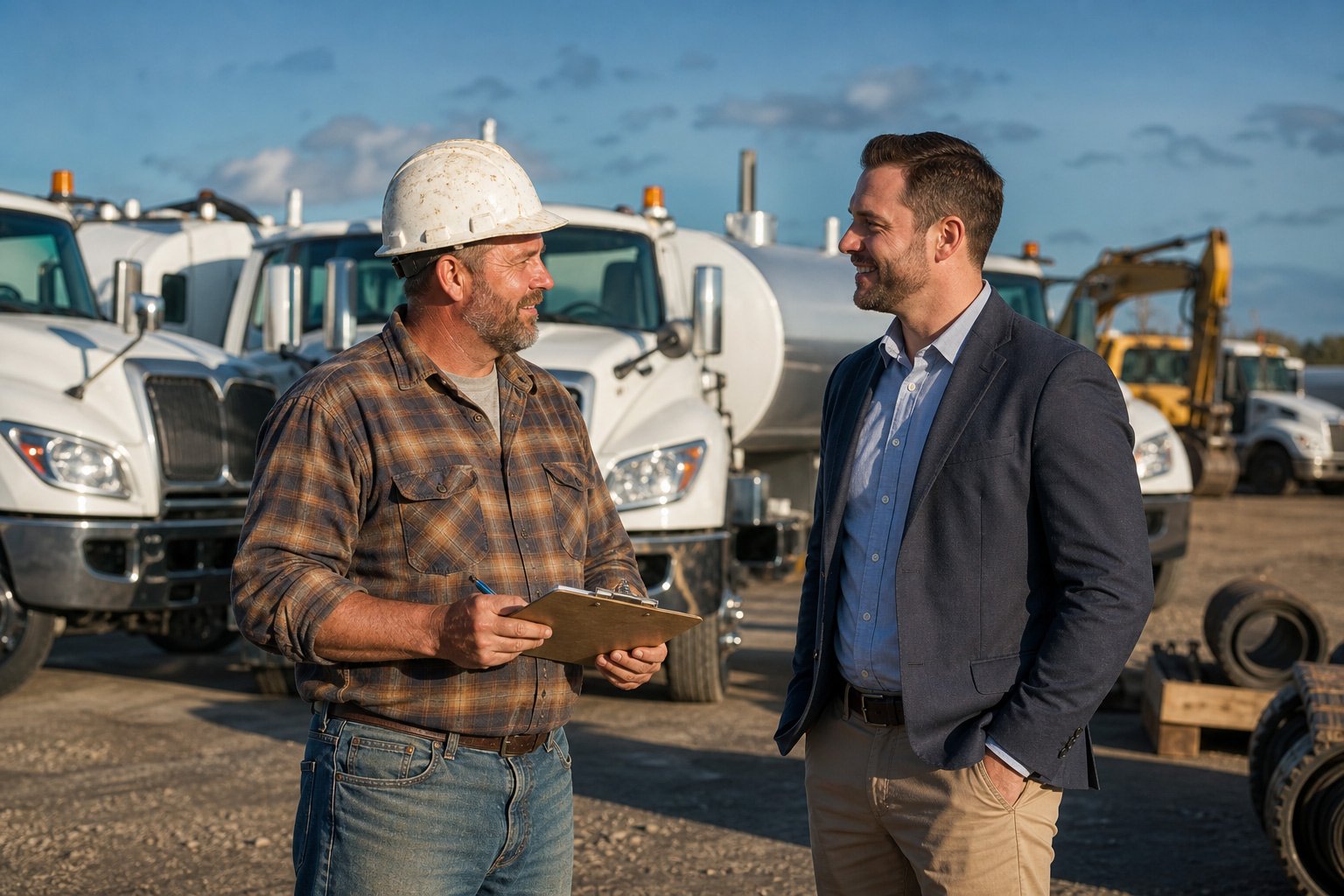 A hydro excavation business owner consulting a hydro excavation equipment vendor on a truck lot