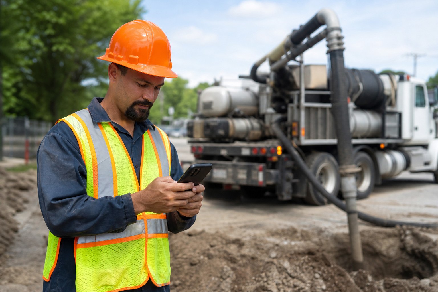 Hydro excavation business owner ordering supplies from a mobile device, a hydro vac truck is in the background ready to be used at a job site