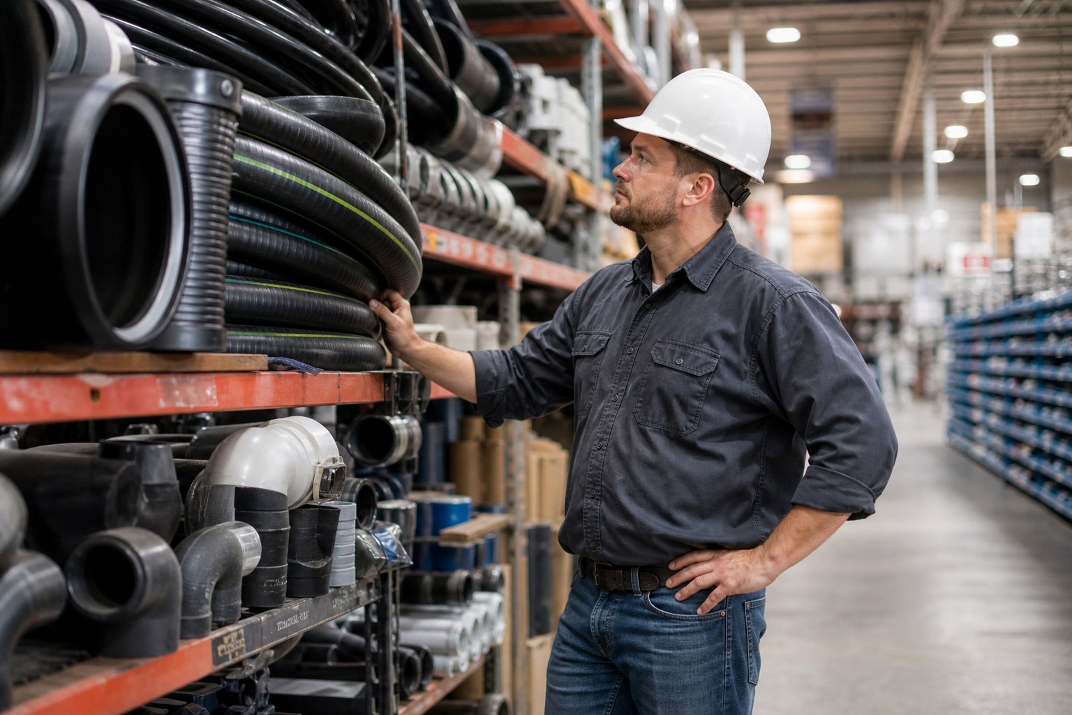A hydro excavation worker shopping for pipes and tubes at a commercial construction supply business