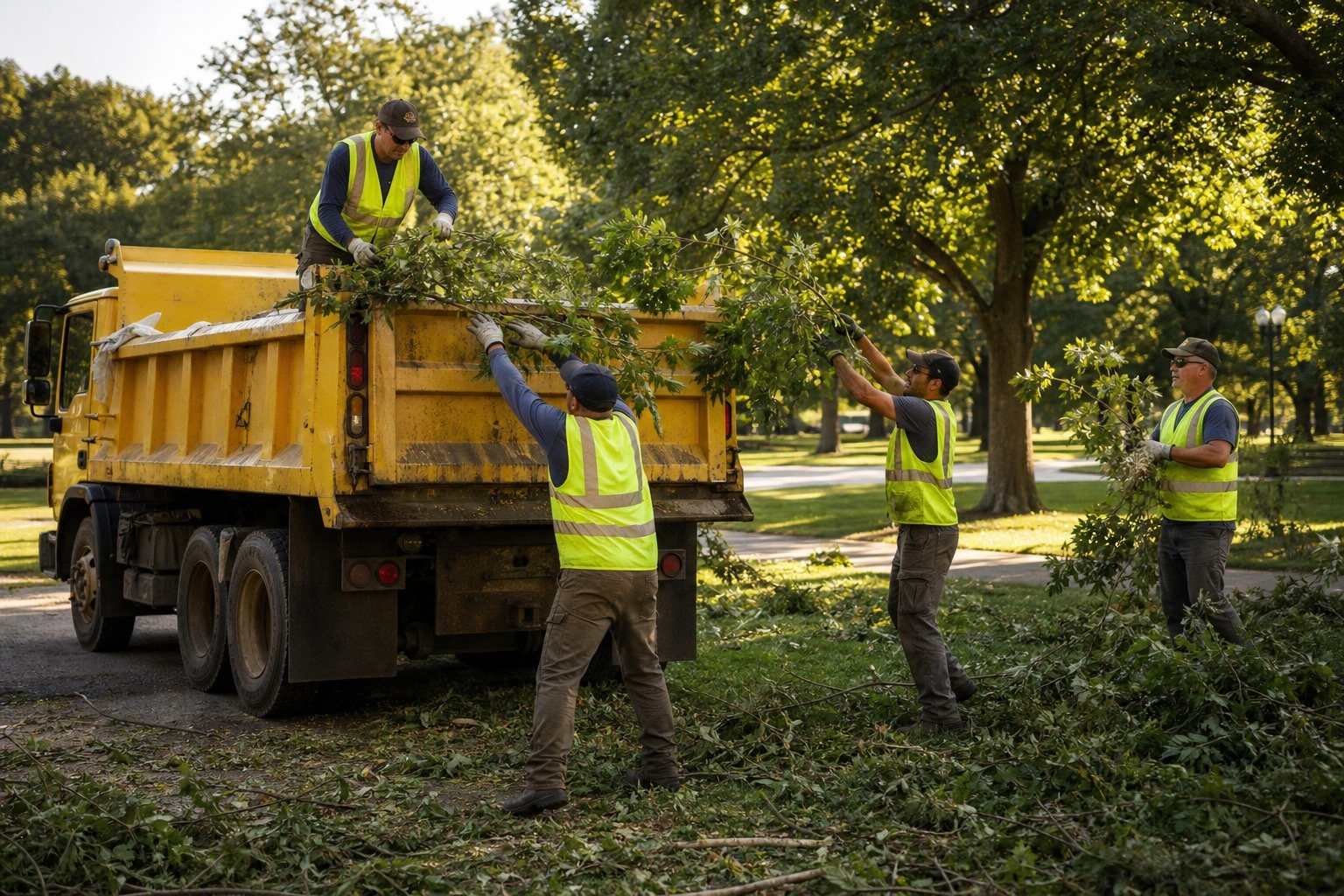A team of four professional tree trimmers clearing tree branches and loading them into a dump truck.