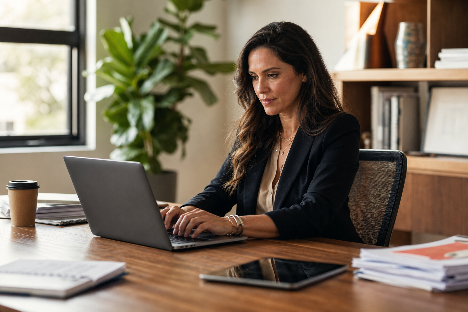 A female business owner working on the computer in a modern office.