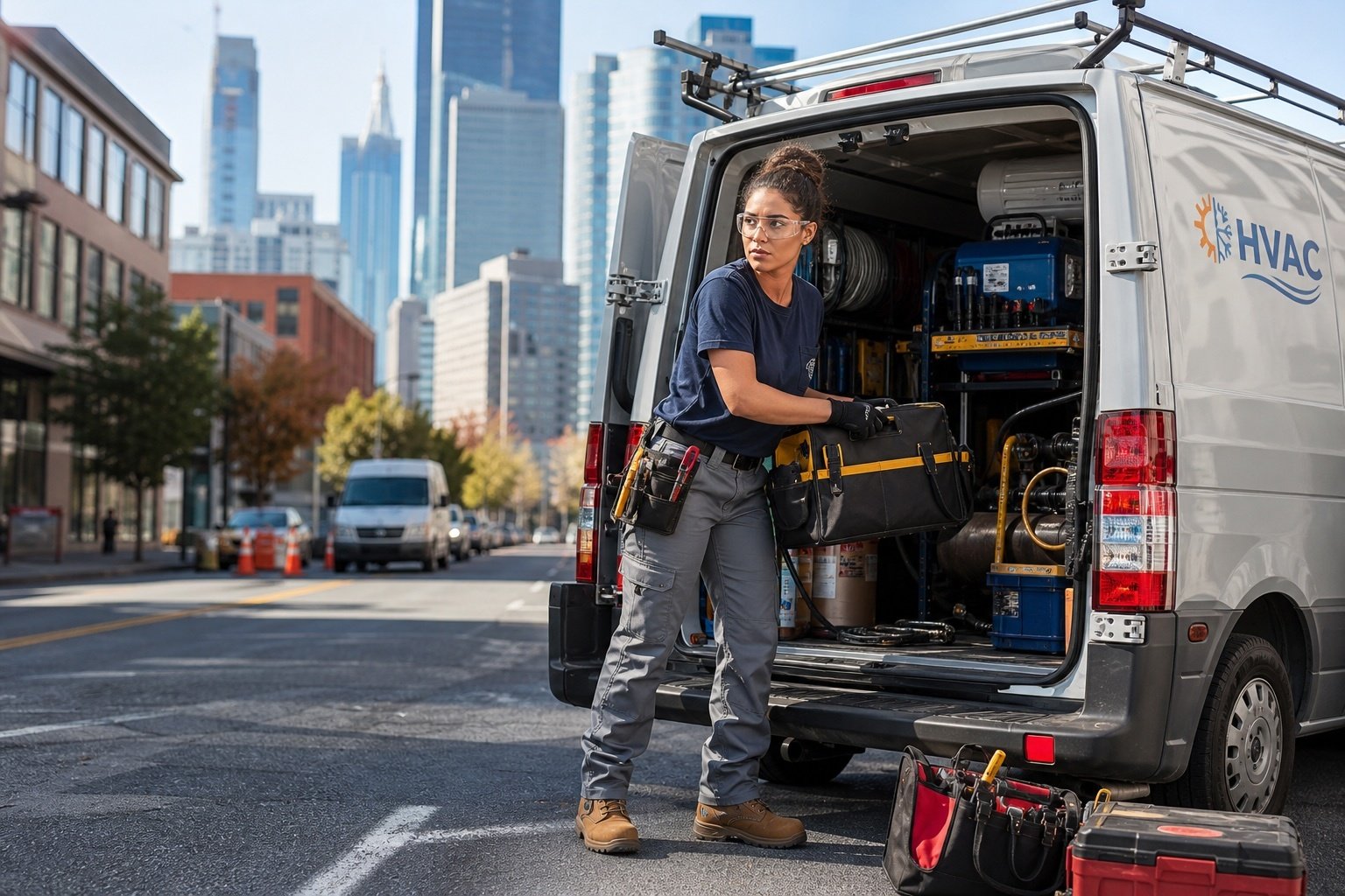 A female HVAC business owner removing HVAC equipment from a work van at a job site in the city.