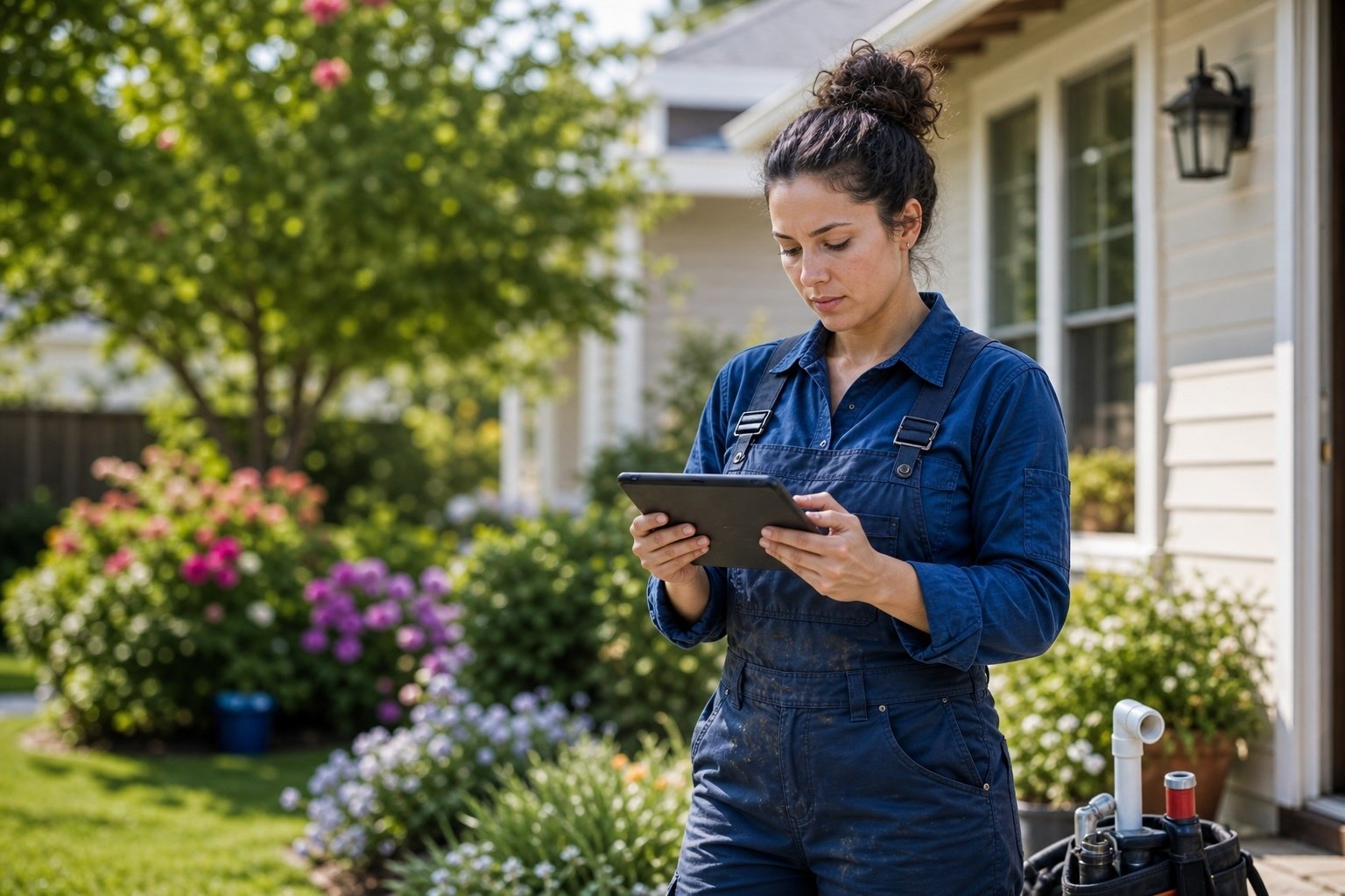 Female Plumber Using Tablet Outside Home on Sunny Day