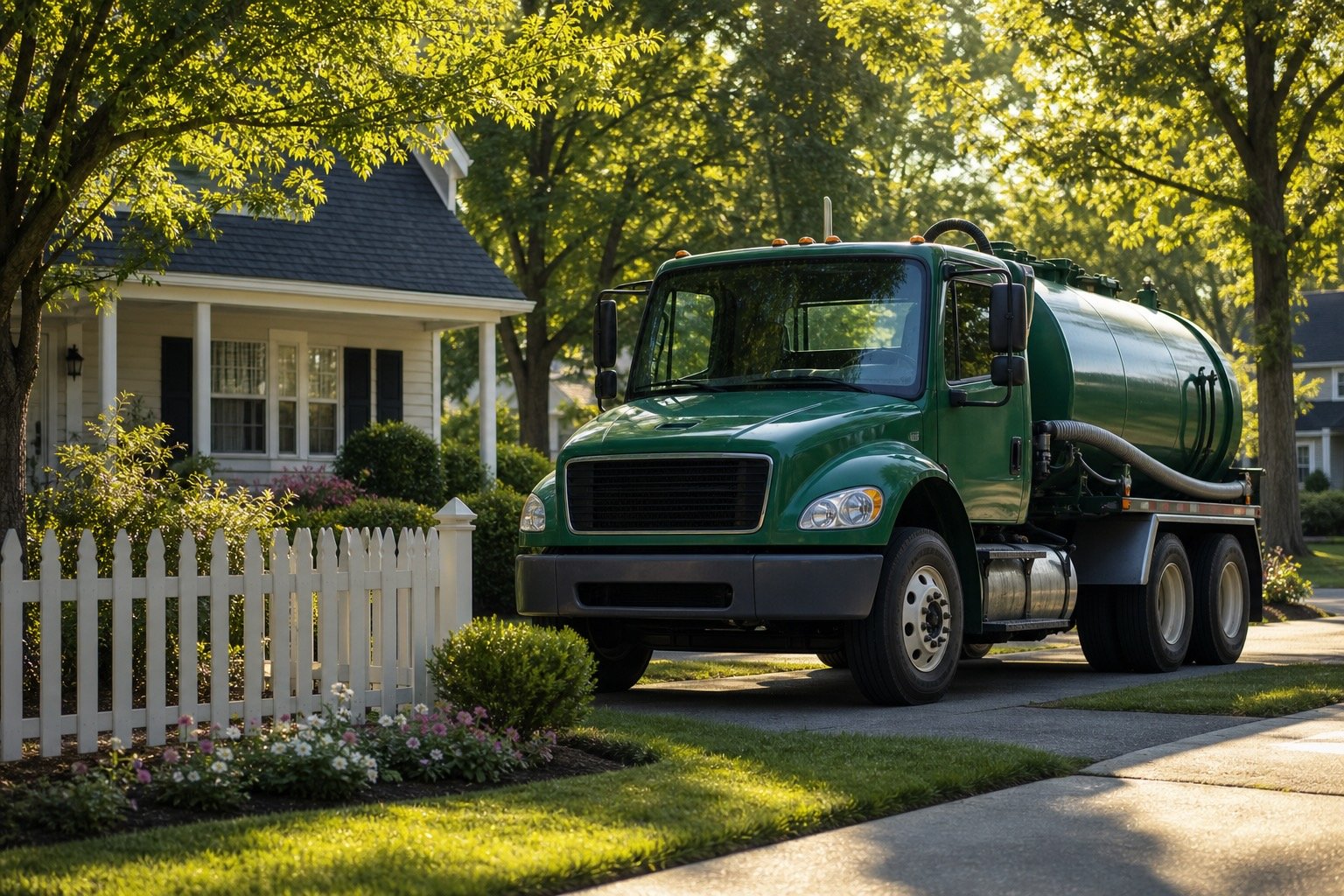 A green septic pumping truck parked on the property of a home that is surrounded by large trees.