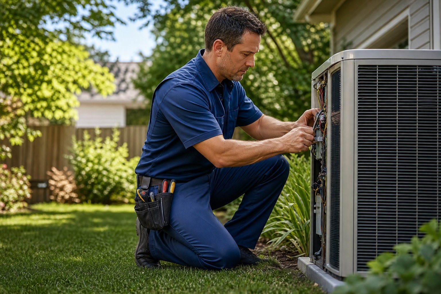A professional HVAC worker installing a new air conditioning unit in the back yard of a residential home.