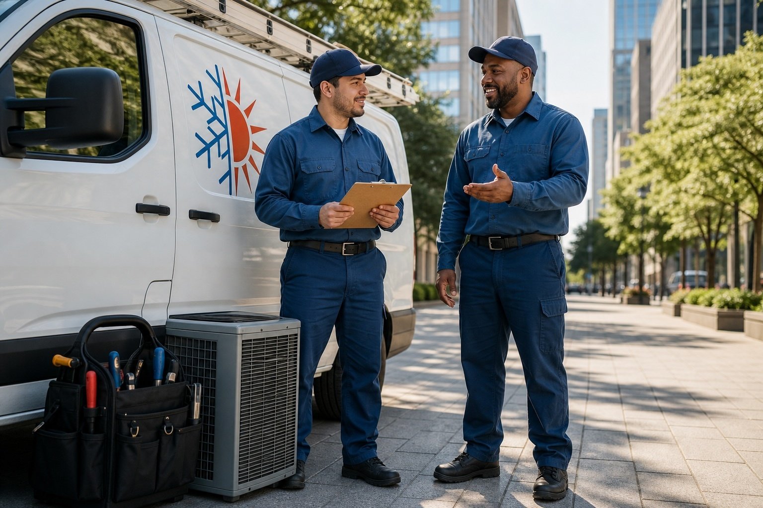 Two HVAC business owners talking next to a work van at a job site.