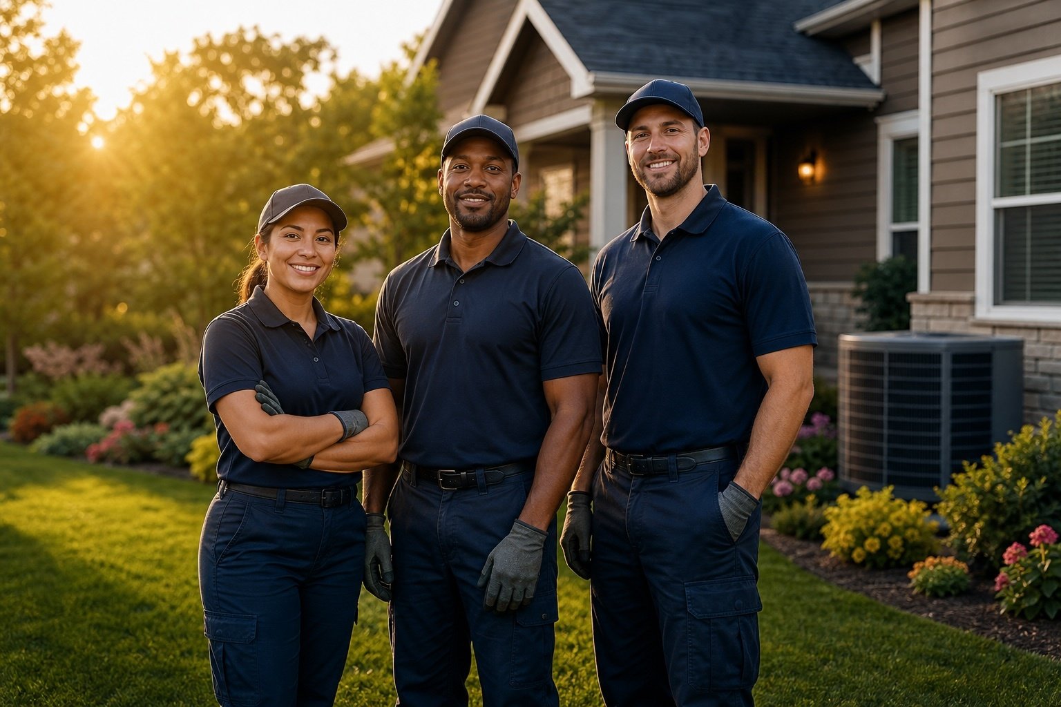 Three HVAC professionals standing outside a home before they perform an HVAC job.