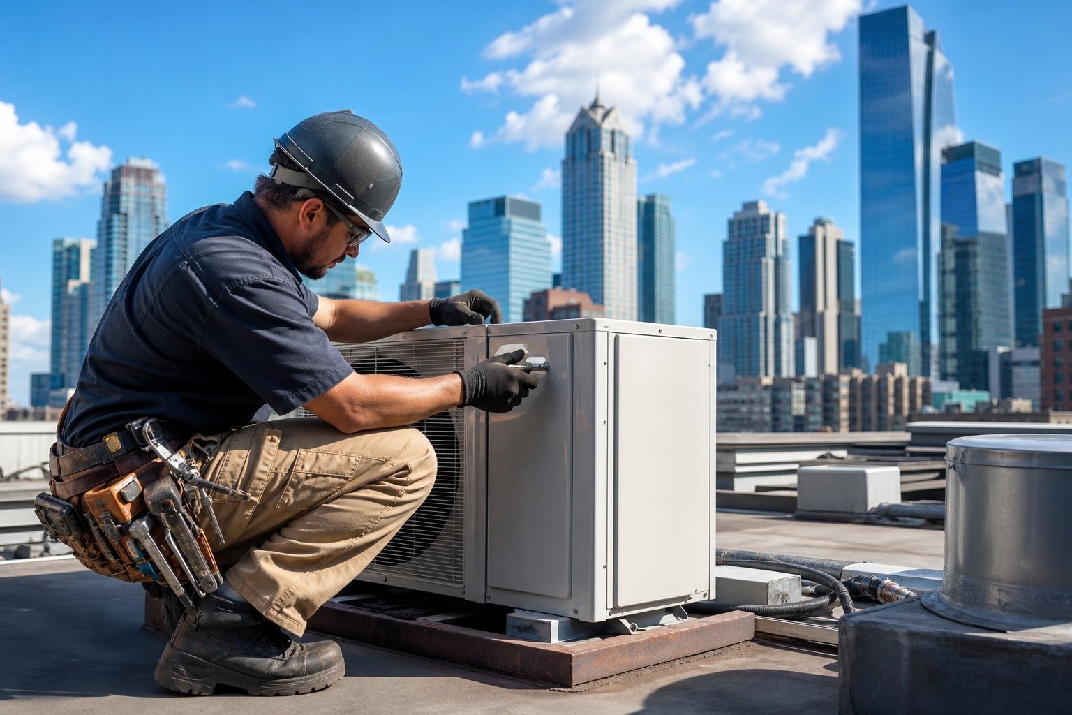HVAC technician repairing heating and air conditioning equipment on a rooftop in the city.