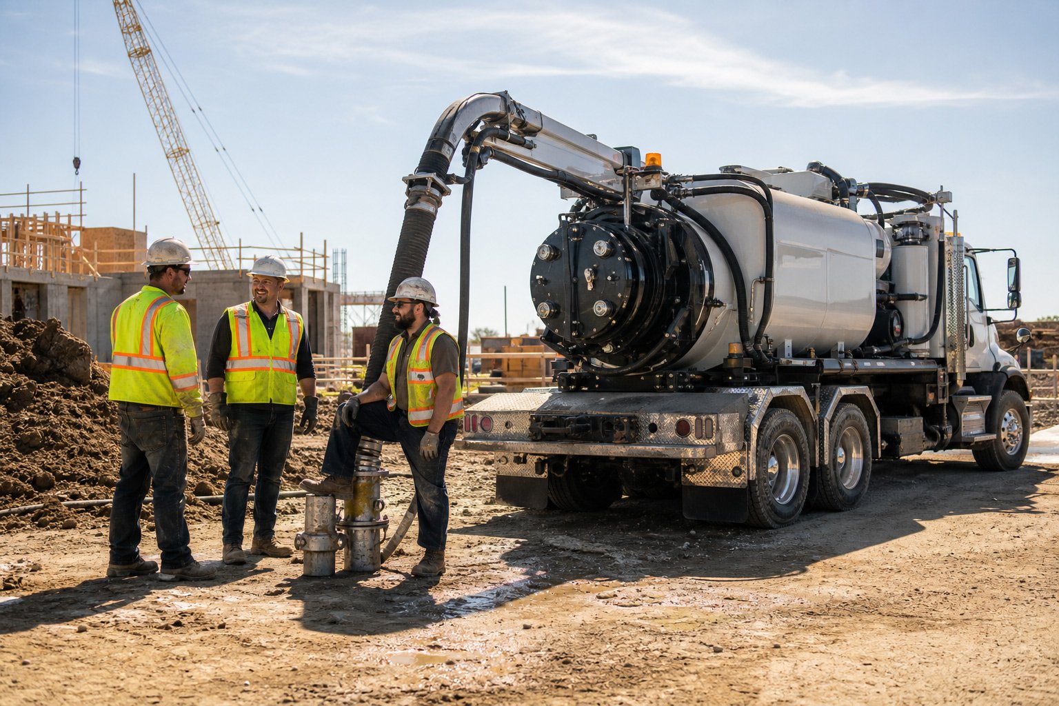 Three hydro excavation workers consulting at a new construction site