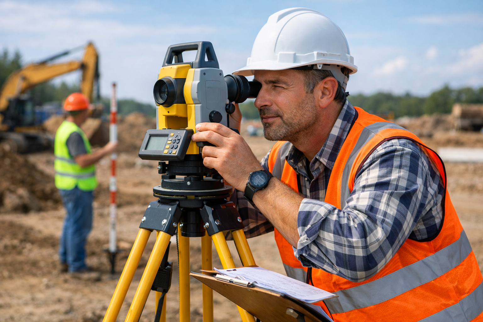 A land surveying professional using equipment at a construction site on a sunny afternoon.