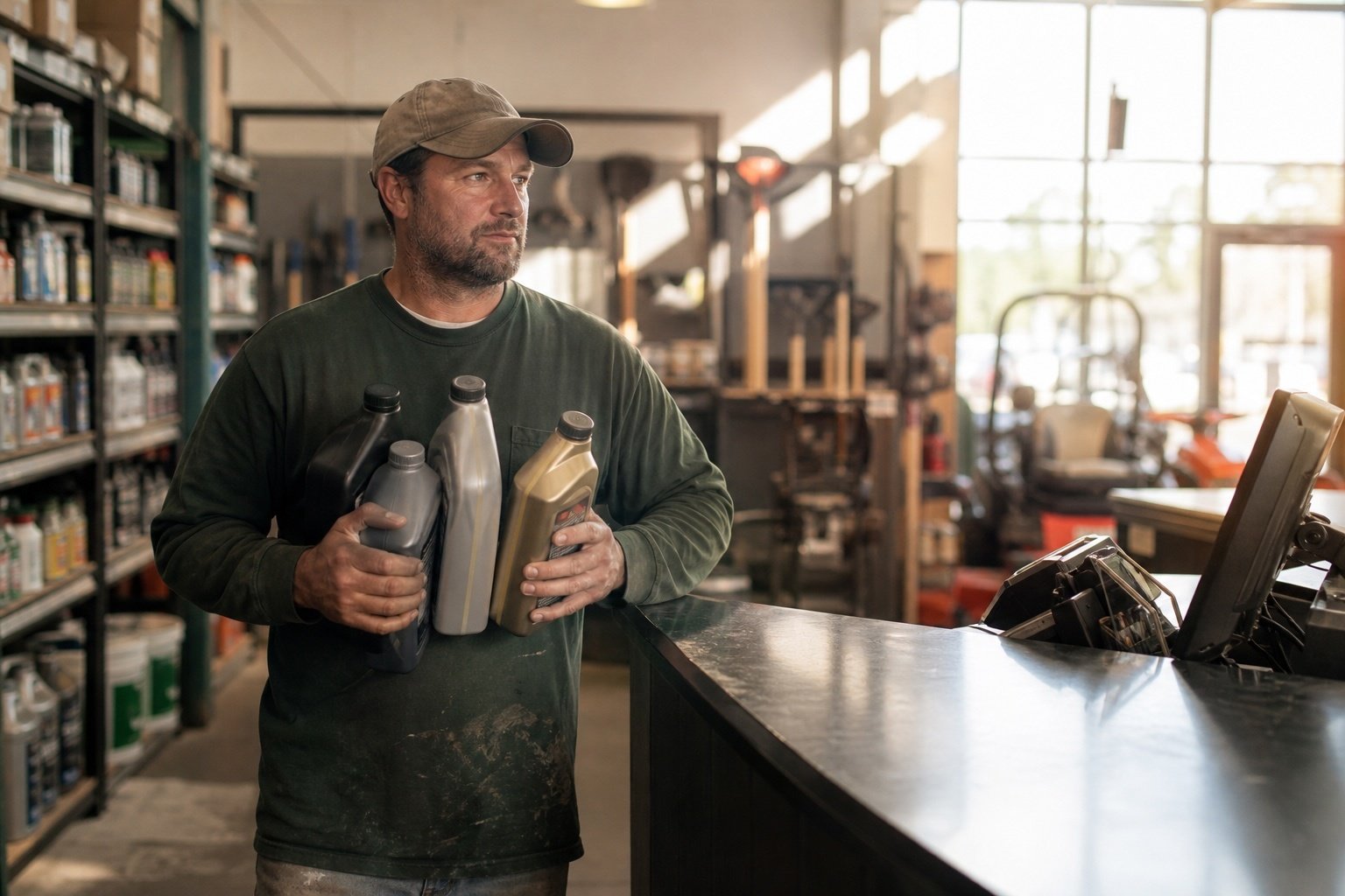 A tree services business owner buying several containers of motor oil at a supply shop.