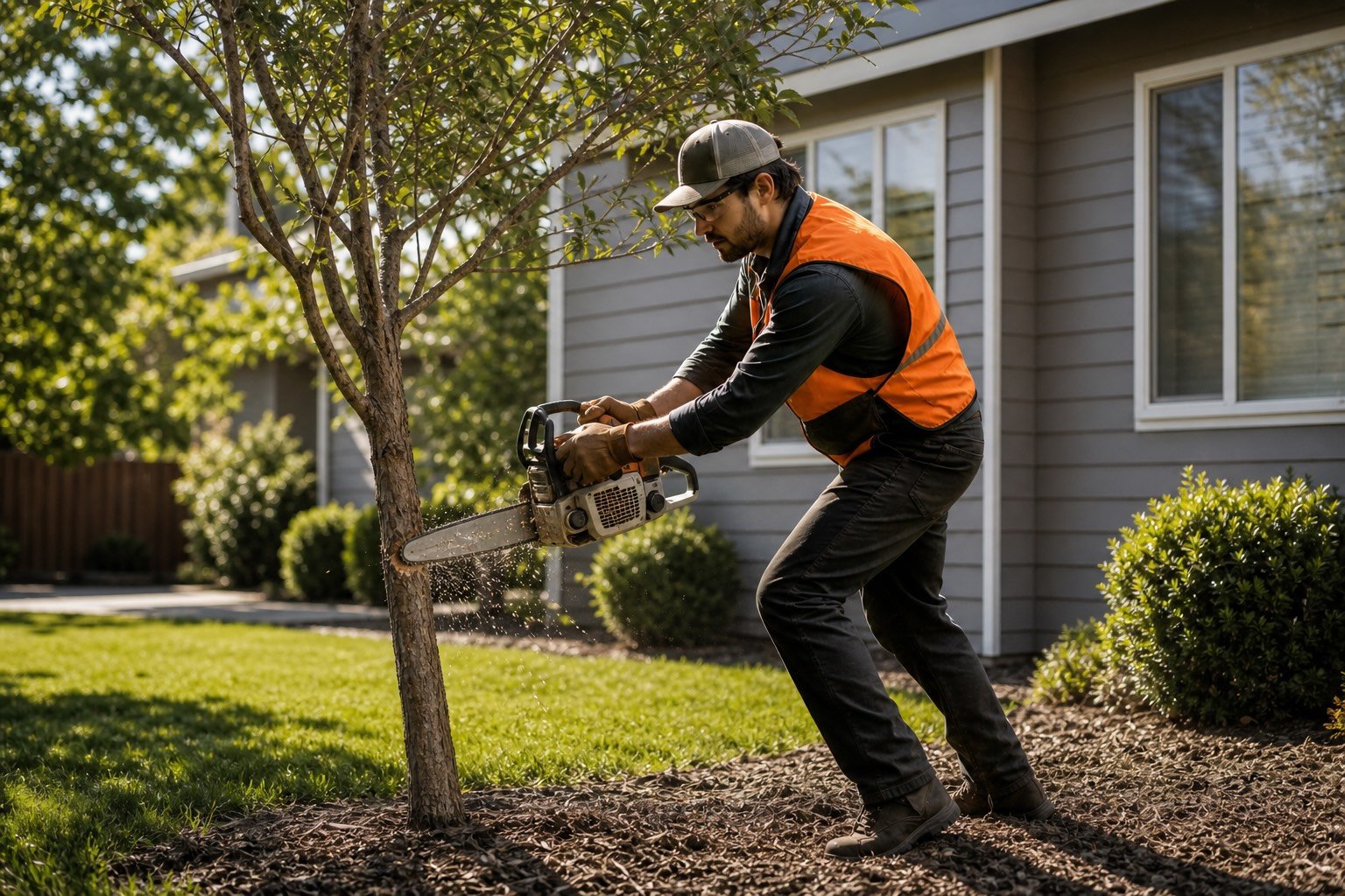 A photograph of a tree trimmer cutting down a tree with a chainsaw.