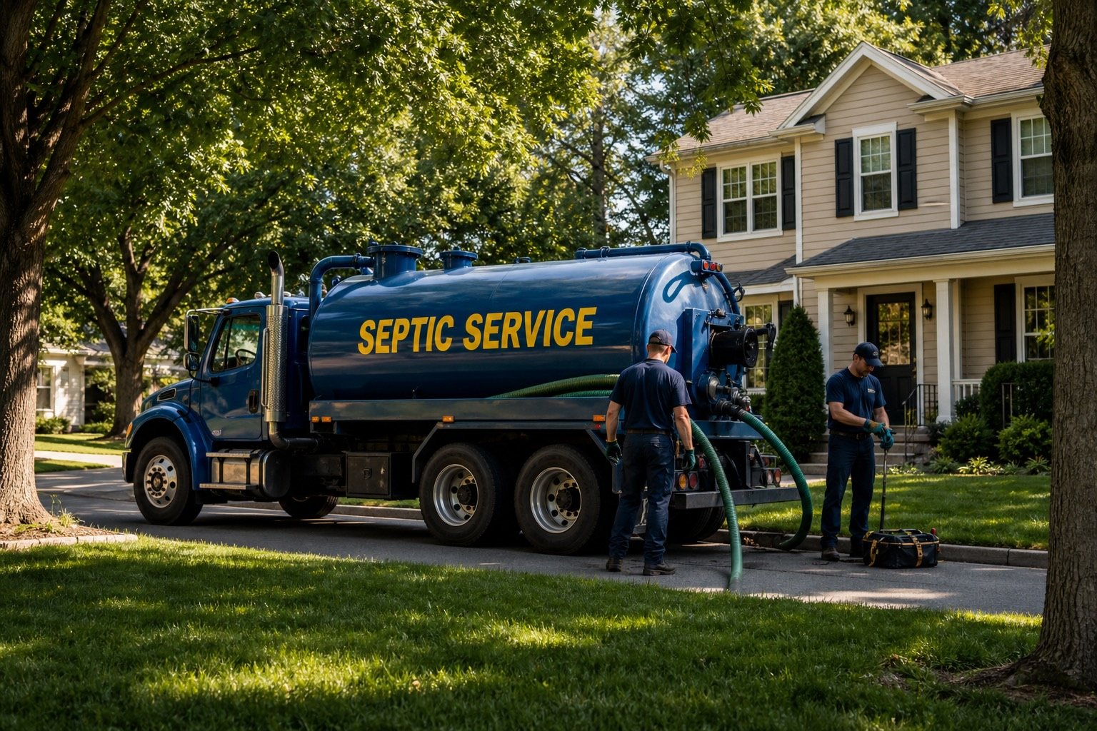 A team of septic pumping technicians setting up a job at a residence. A large green septic service truck is being fitted with pumping hoses and equipment