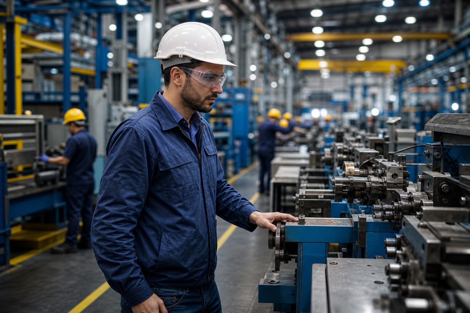 A manufacturing worker using machinery inside a manufacturing plant.