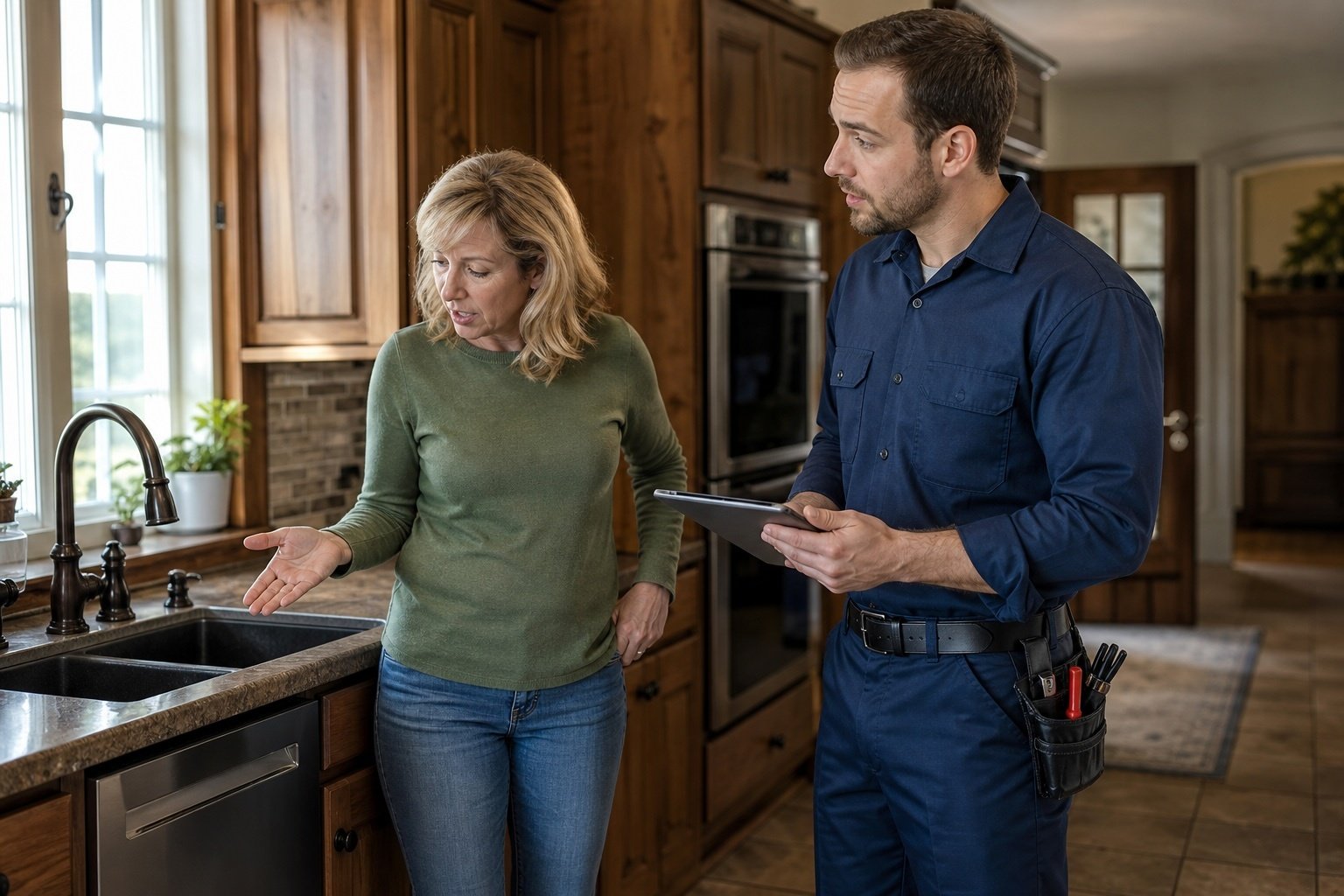 Plumber Discussing Repair with Customer in Kitchen