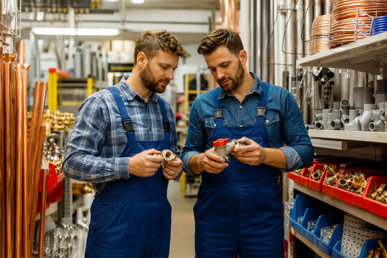 Two septic tank technicians shopping for supplies at a supply store