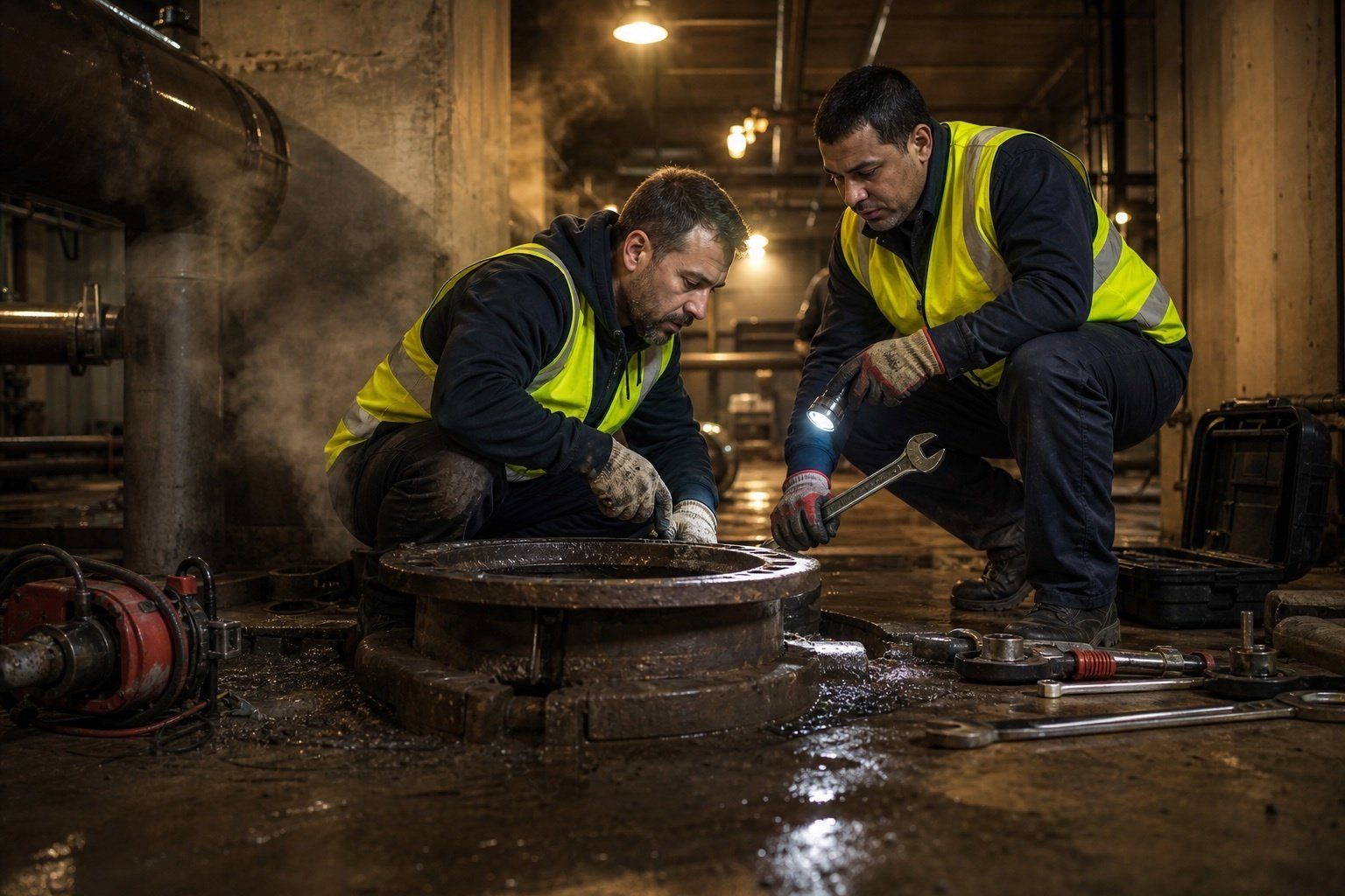 Plumbers Clearing Large Drain