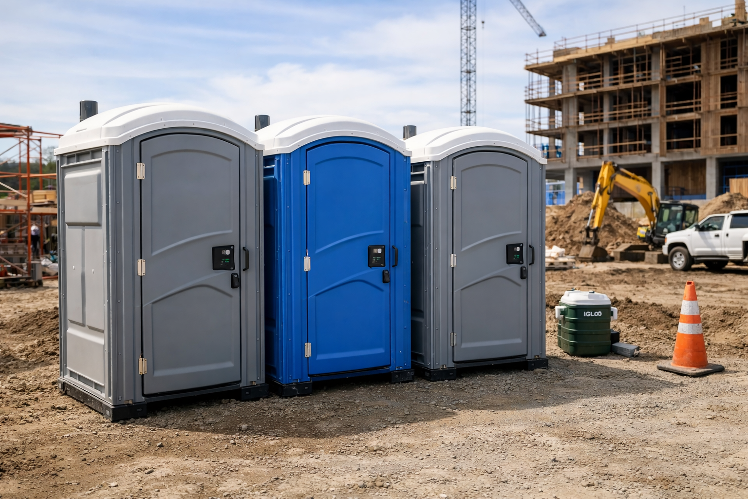 A row of portable sanitation units at a construction job site. The portable restrooms are used by construction workers.