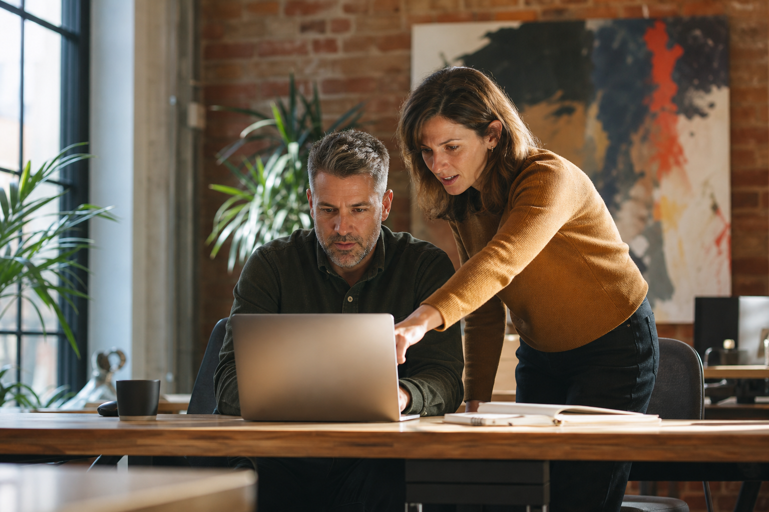 two business partners using a laptop computer to conduct business tasks