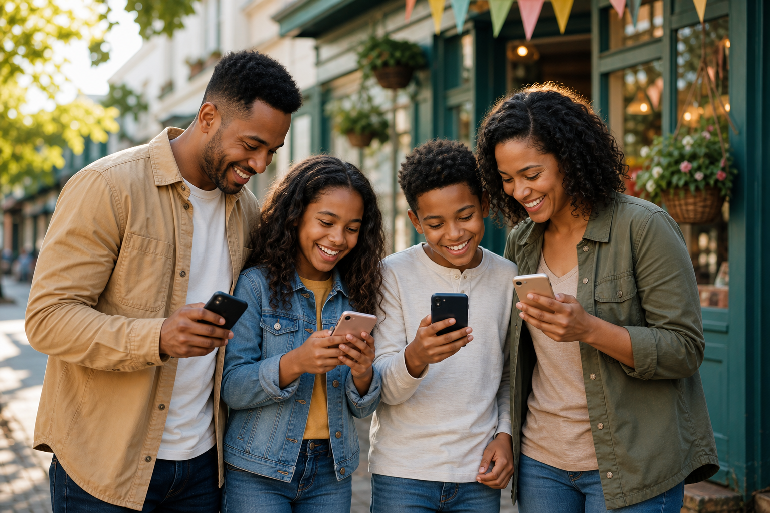 A family checking their mobile phones in front of a small business.