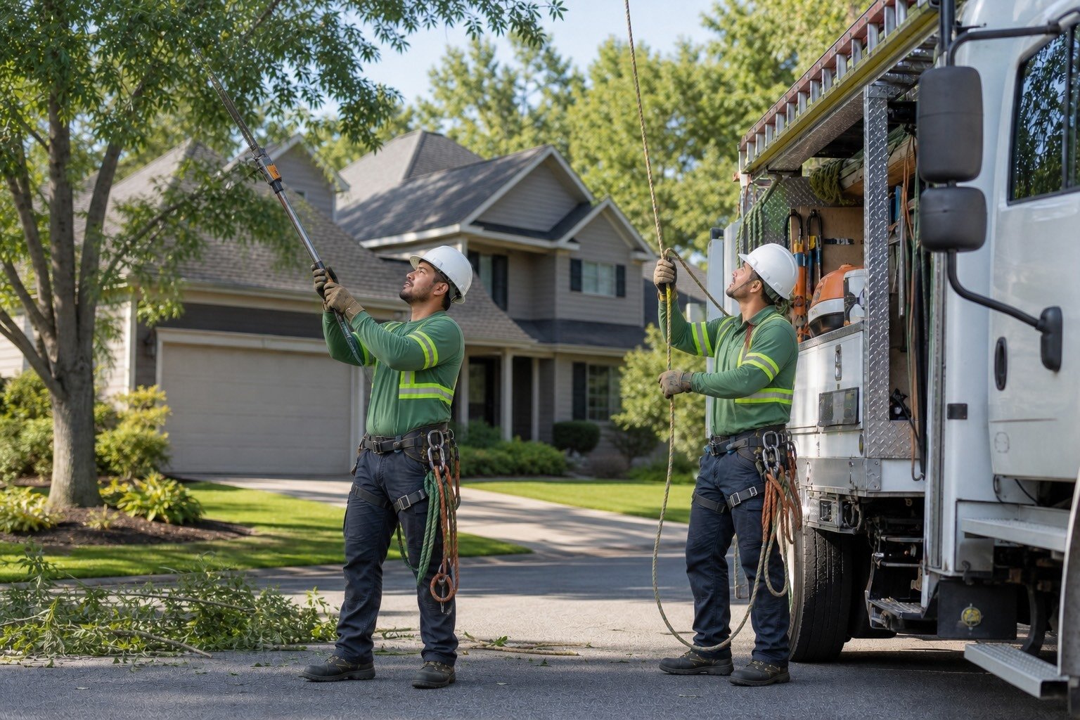 Two tree trimming professionals cutting branches on a large tree near a residential home.