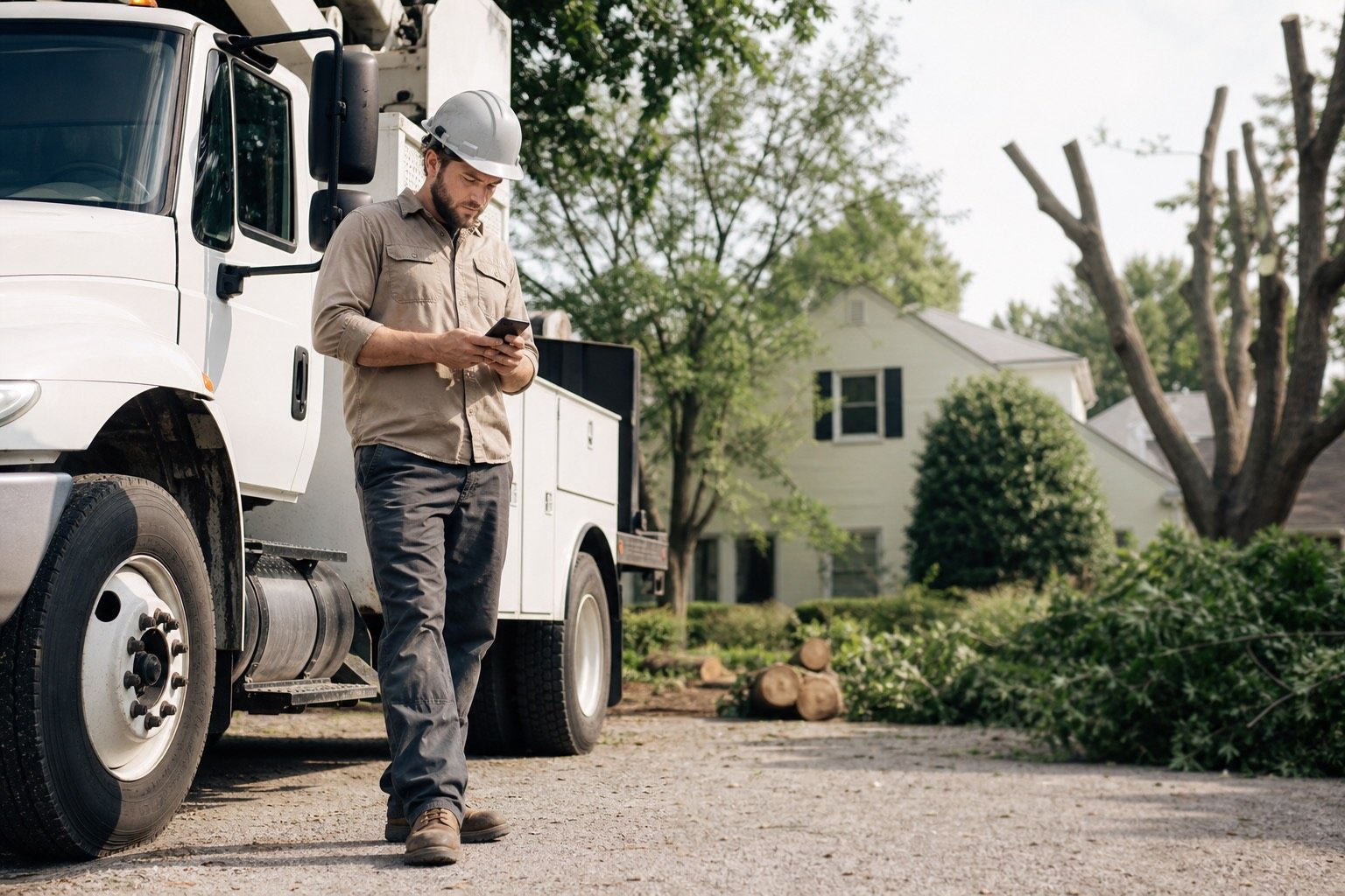 A tree services business owner checking his mobile device at a residential job site.