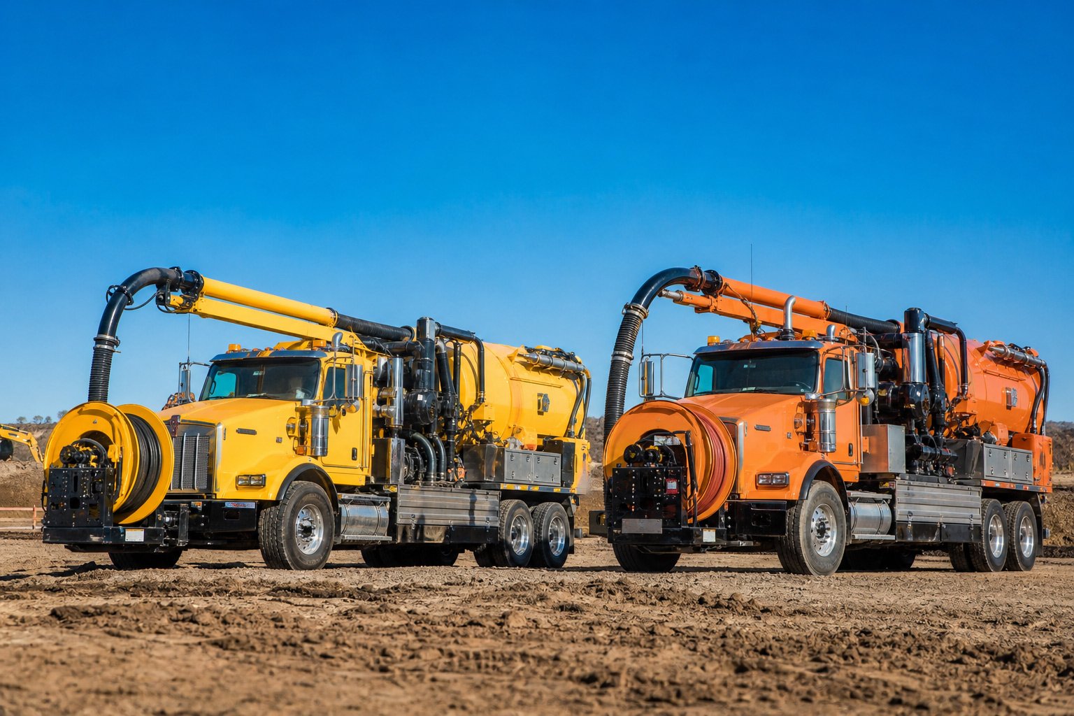 A fleet of two large hydro excavation trucks, one is yellow and one is orange