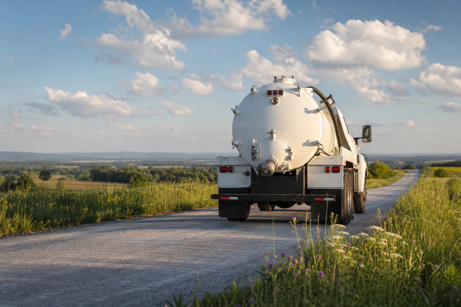 A large white septic pumping truck on the open road