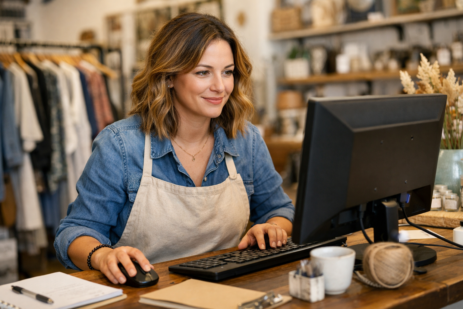 female store owner using the computer, how personal credit impacts business borrowing
