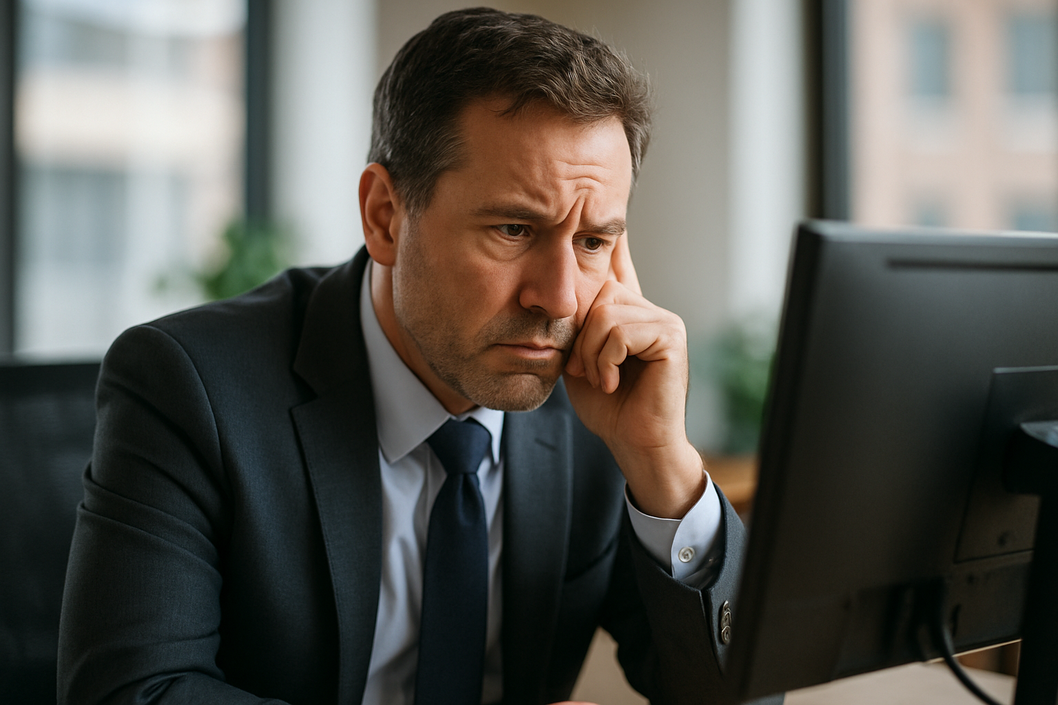 concerned business owner looking at computer, 7 mistakes that hurt business credit
