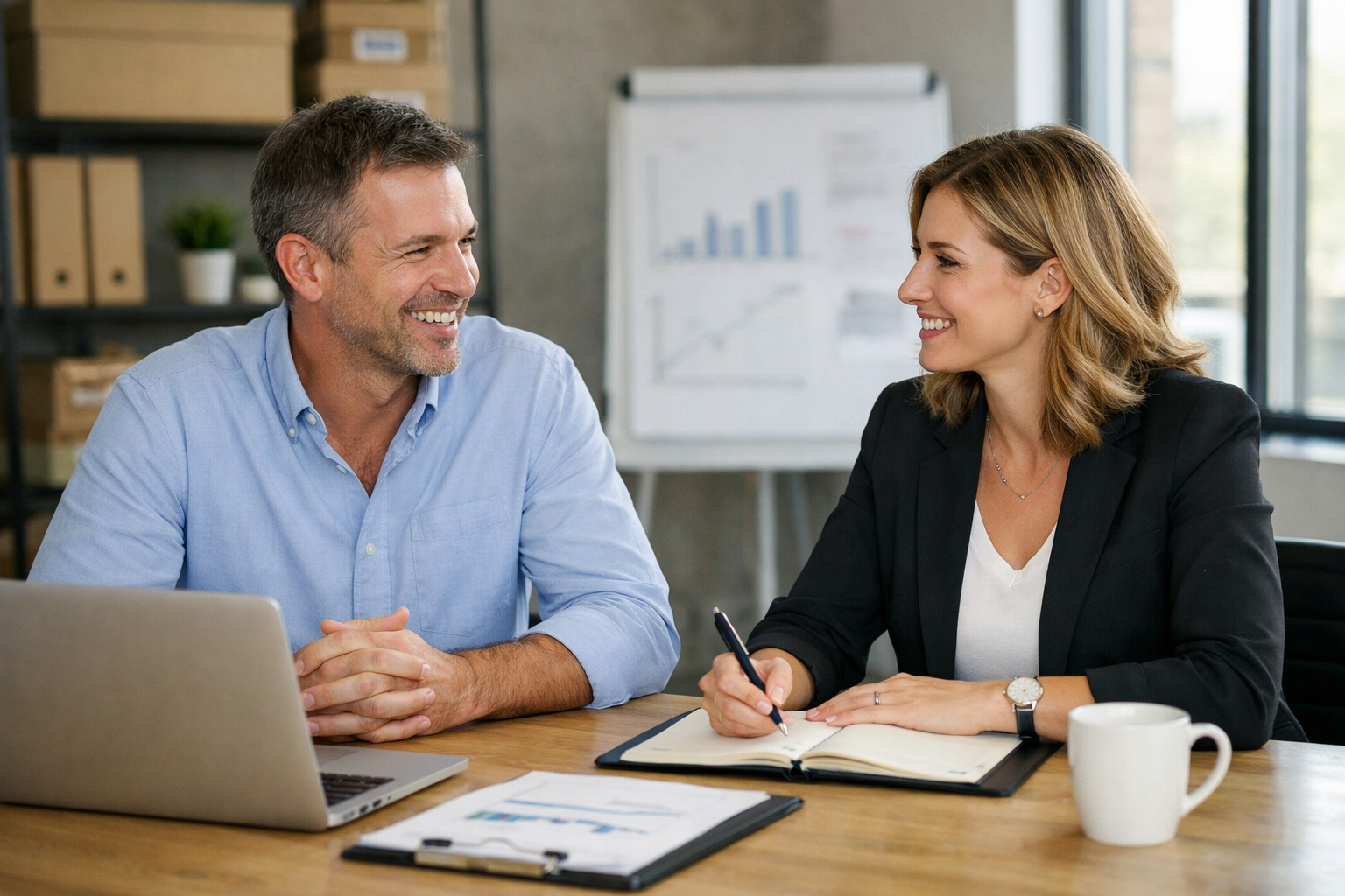 Two business owners meeting at the office. There is a spreadsheet graph on display in the background.