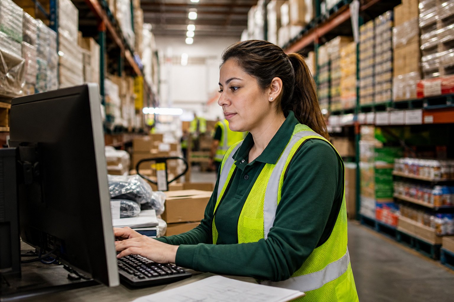 wholesale distribution business owner using computer in the warehouse