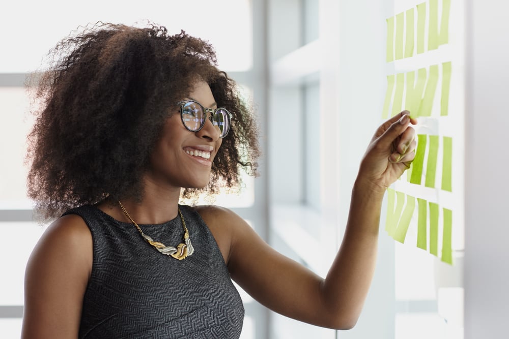 female business owner making task list on stickies, small business checklist