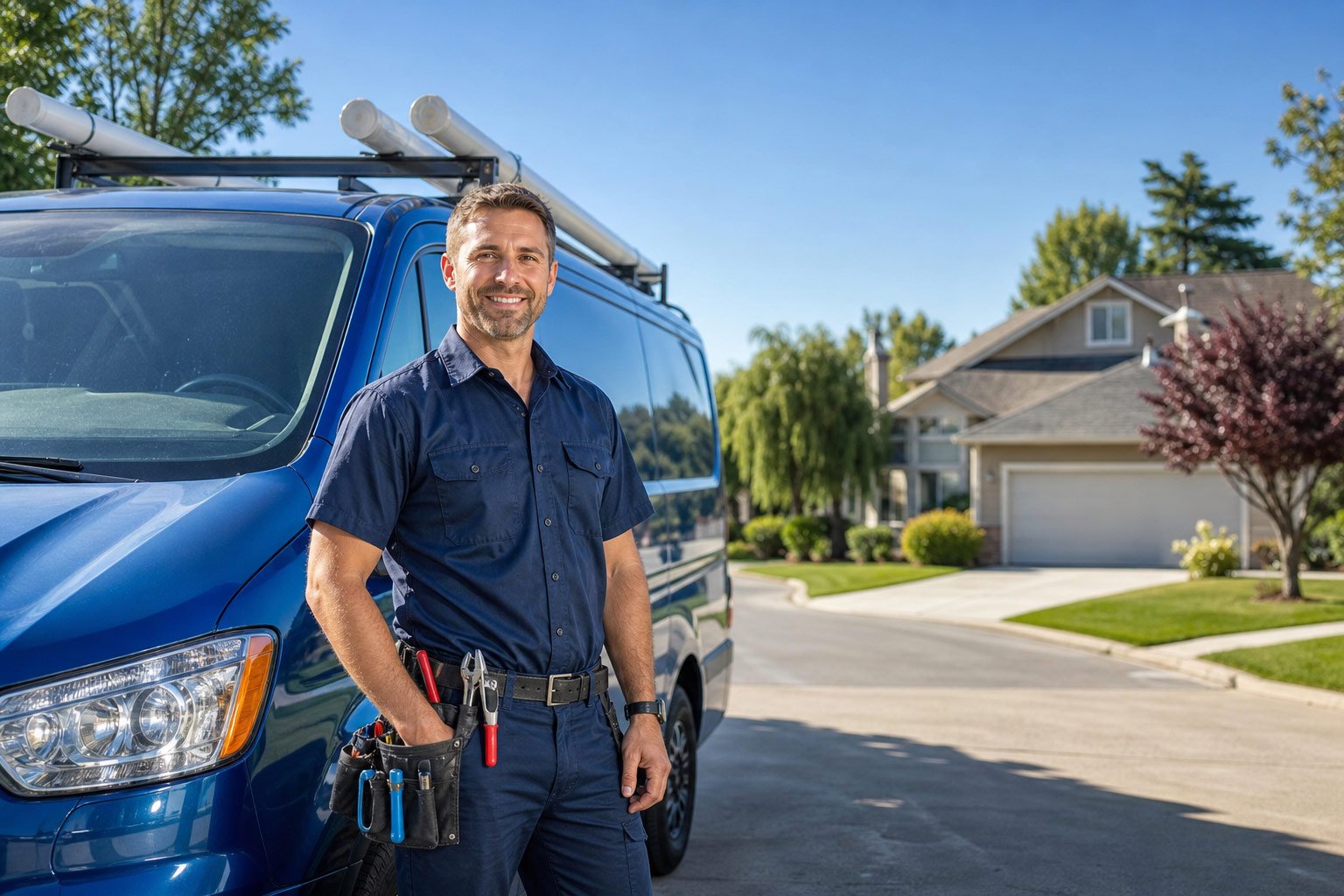 Smiling professional plumbing business owner standing next to a commercial plumbing van on a residential street