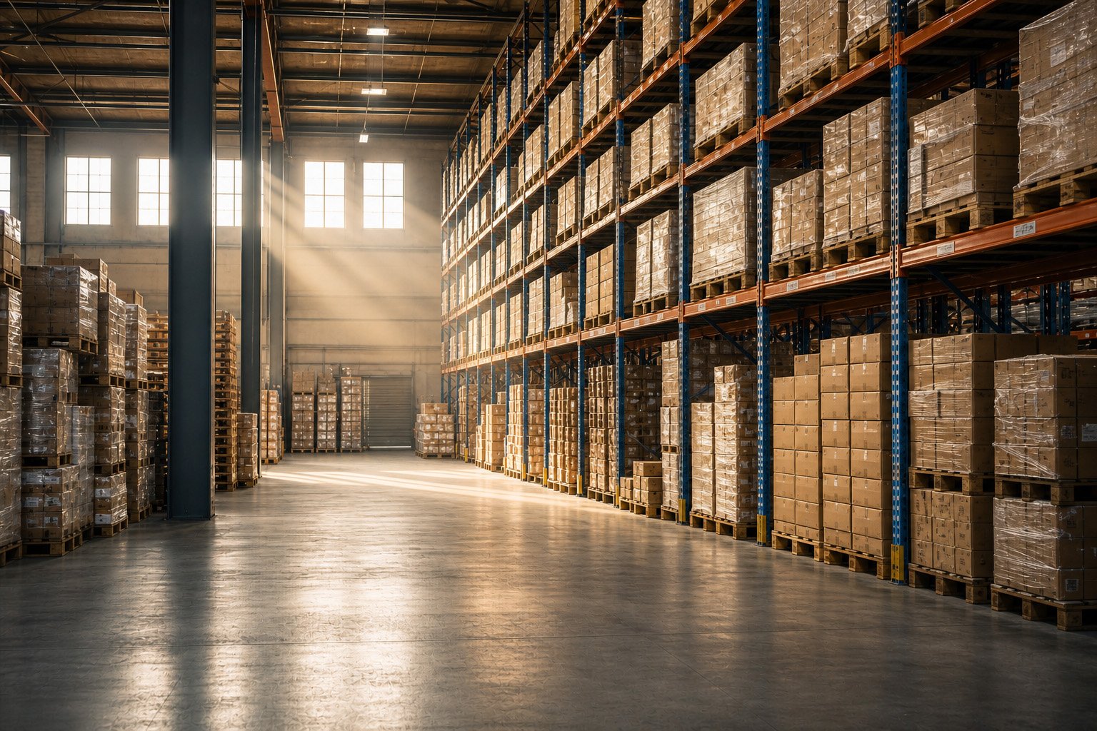 a wholesale distribution company's interior, with large vertical storage racks that are filled with inventory