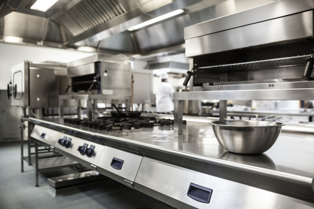 work surface and kitchen equipment in professional kitchen