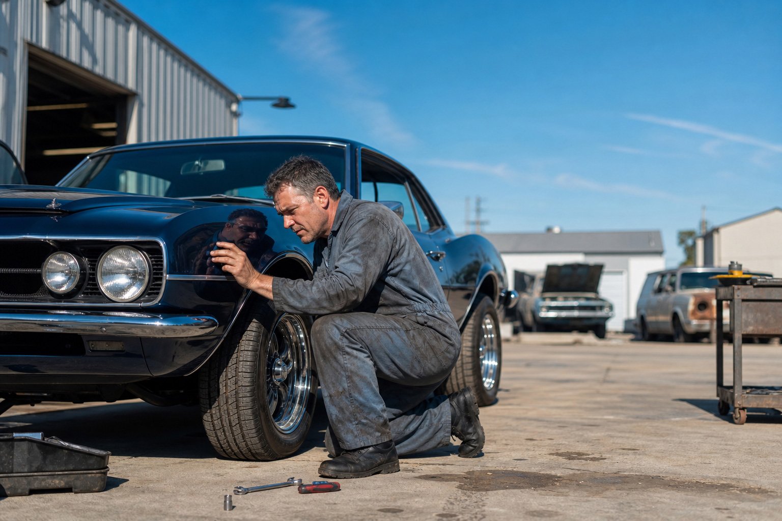 Auto mechanic inspecting a vintage muscle car on a sunny day