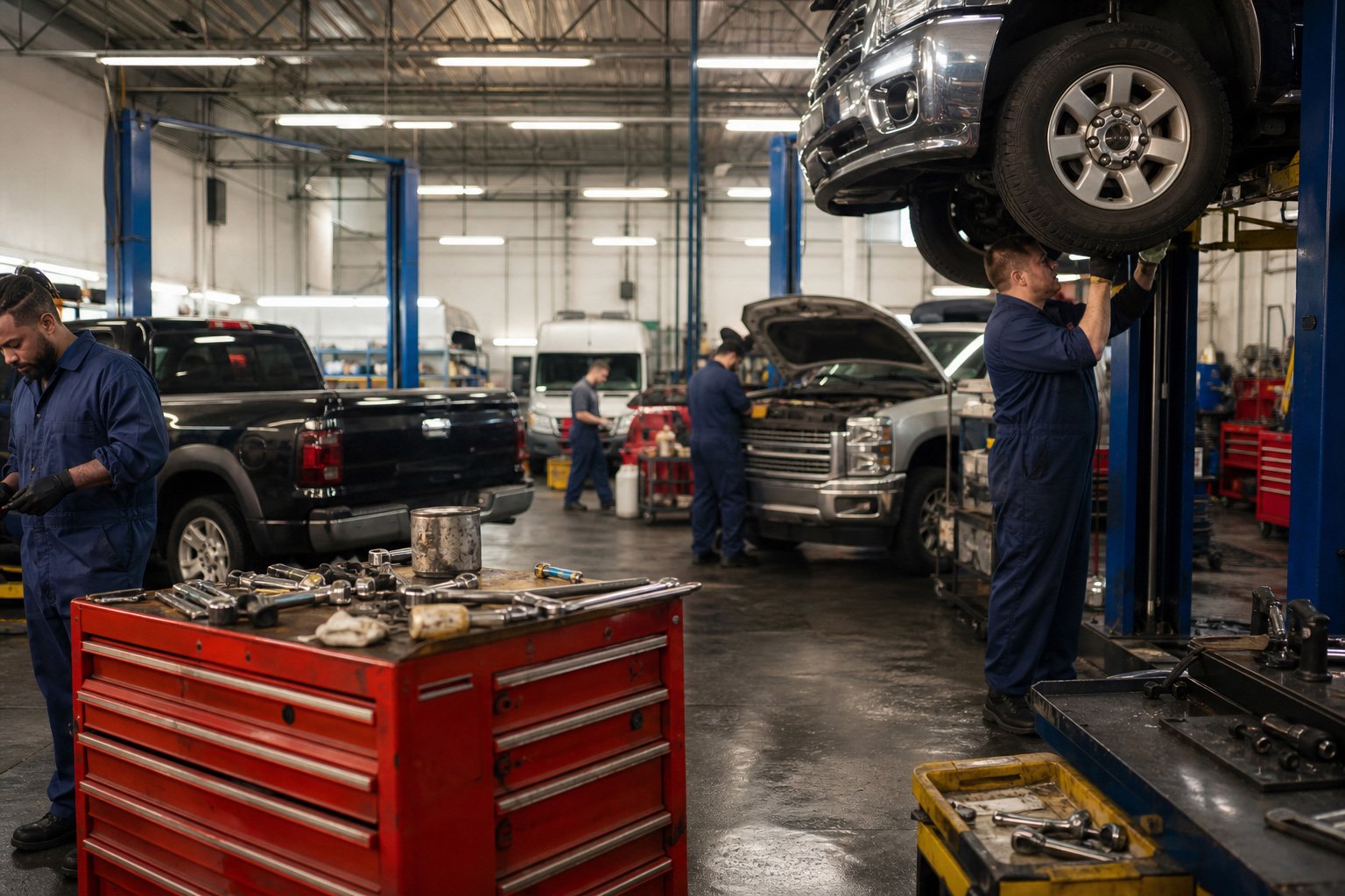 Several mechanics working on cars in a modern auto repair business