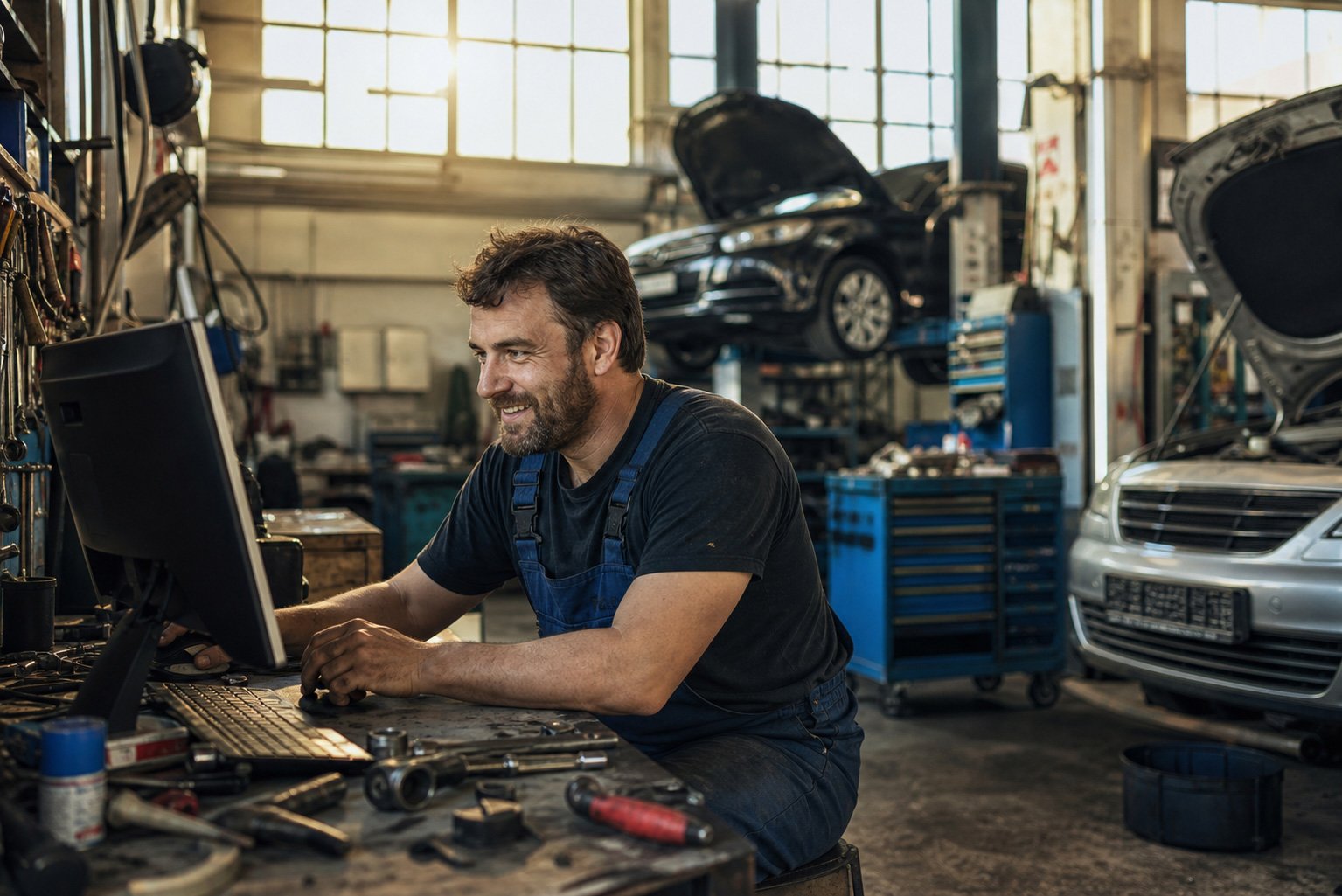 A smiling auto repair shop owner using the computer inside the auto repair garage with vehicles in the background